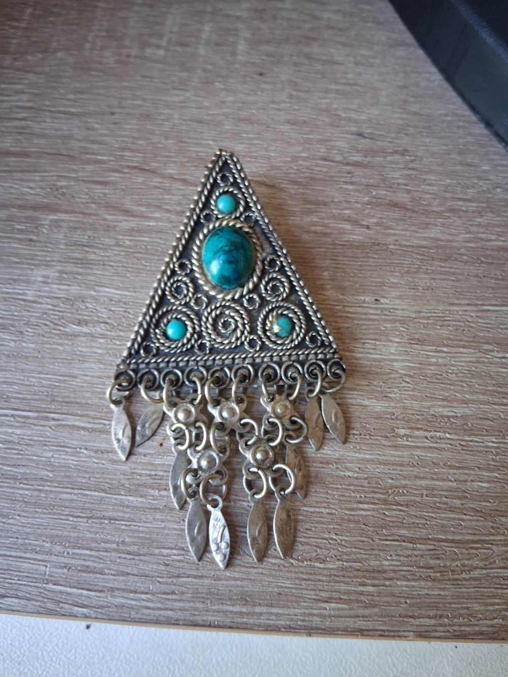 Vintage Israeli Silver Chrysocolla Eilat Stone Filigree Pendant Brooch